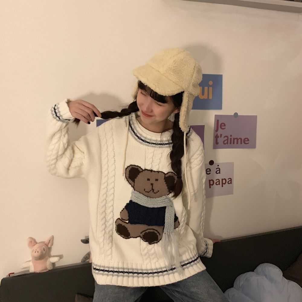 Deeptown Cute Bear Maglione Donna Kawaii Moda coreana Oversize Cartoon Maglione lavorato a maglia Donna Preppy School Style Abbigliamento invernale