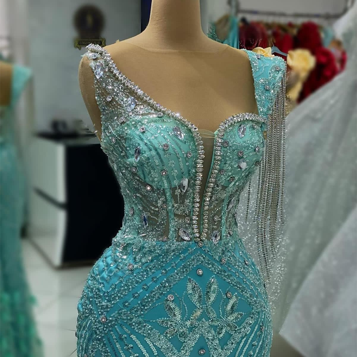 2023 Aso Ebi Arabic Hunter Blue Mermaid Prom Dress Crystals Sexy Evening Formal Party Second Reception Birthday Engagement Gowns Dresses Robe De Soiree ZJ369