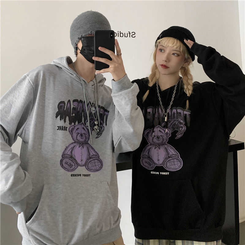 Deeptown Gothic Streetwear Bear Print Grey Oversize Hoodies Women Black Punk Hip Hop Par Lång ärm Sweatshirt Mall Goth Top