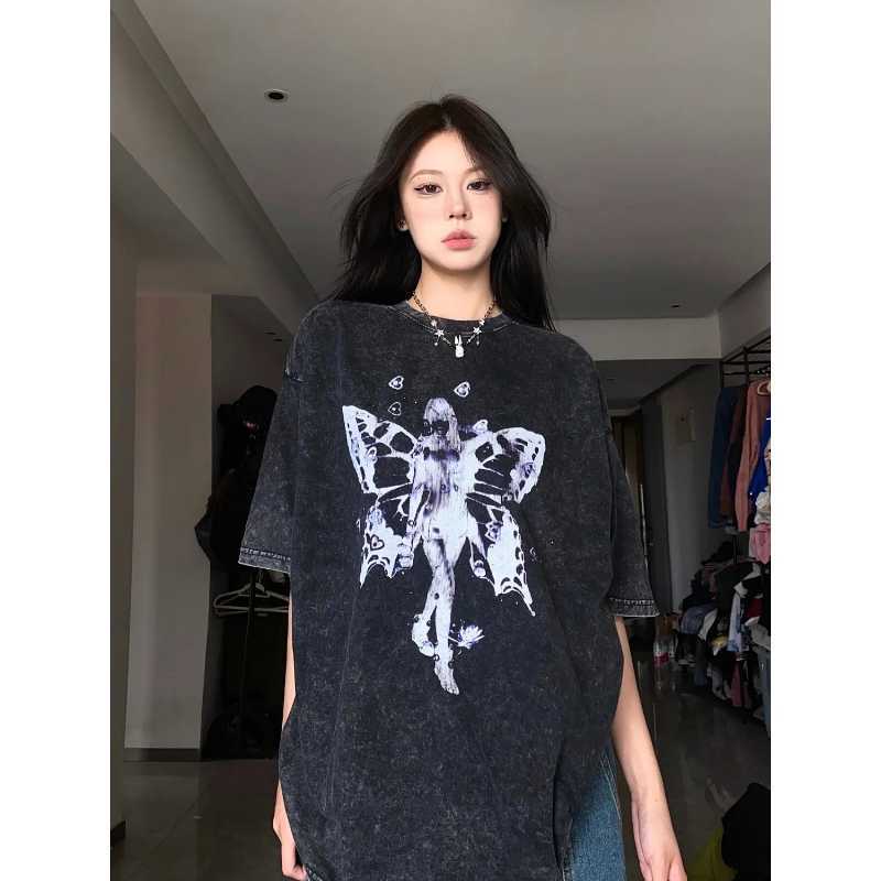 Deeptown Grunge Vintage Black T-shirts Women Kpop Streetwear Angel Print Kort ärm Top Harajuku Hippie Oversize Top Female