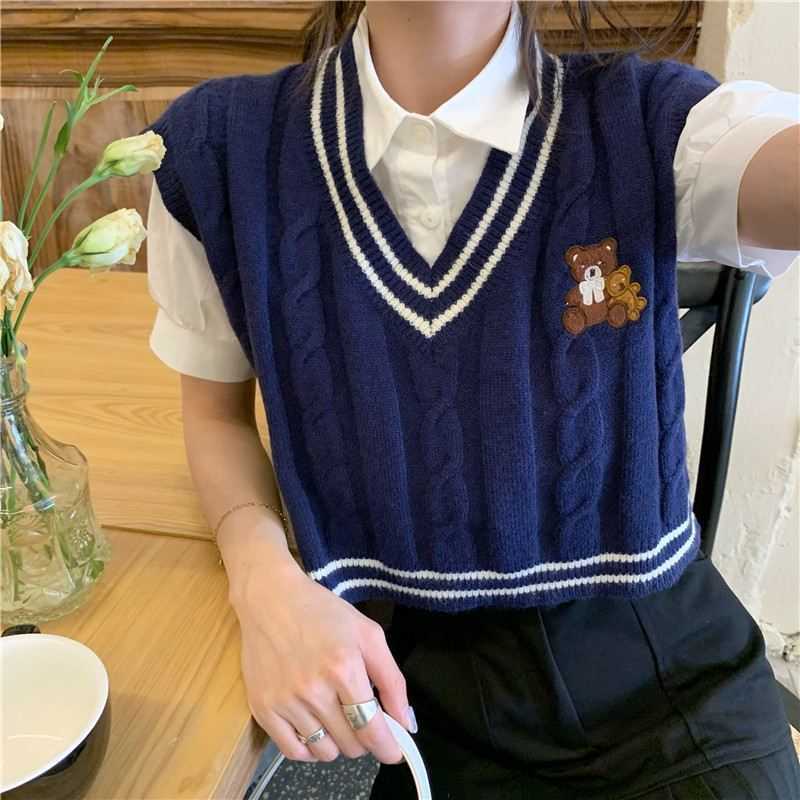 Deeptown Kawaii Netter Bär Beige Pullover Weste Frauen Koreanische Adrette V-ausschnitt Blau Jumper Harajuku Süße Crop Tops Schule Girly