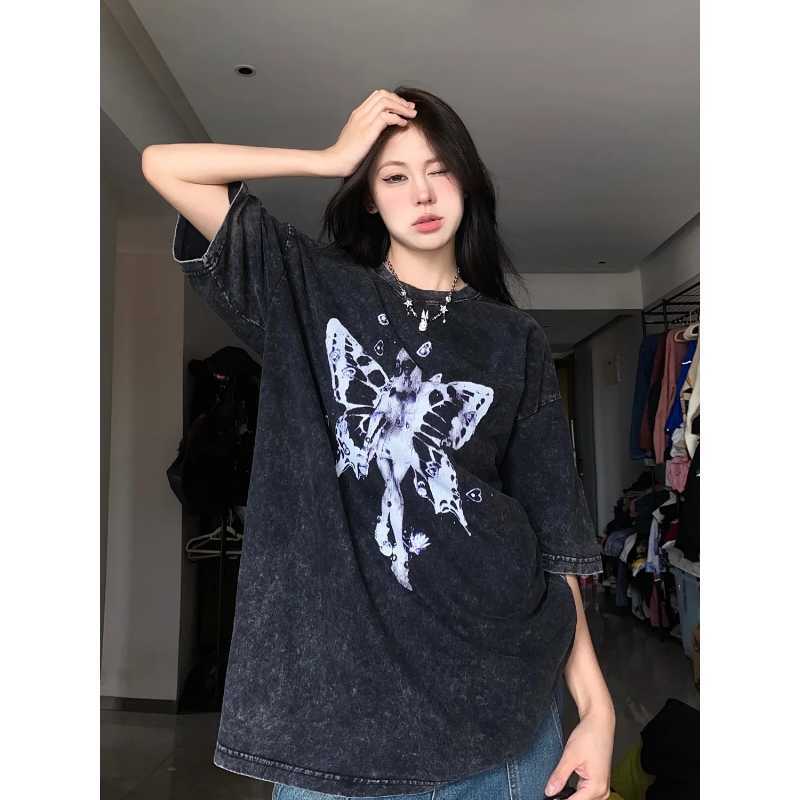 Deeptown Grunge Vintage Black T-shirts Women Kpop Streetwear Angel Print Kort ärm Top Harajuku Hippie Oversize Top Female