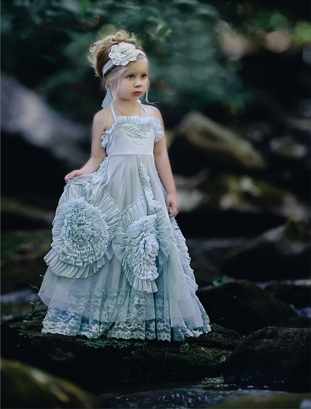 2023 Dollcake Çiçek Kız Elbiseleri Düğünler için fırfırlı çocuklar yarışmacı önlükler çiçekler zemin uzunluğu dantel parti cemaat elbise