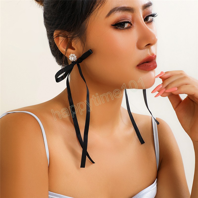 Korean Fashion Elegant Long Ribbon Bow Pendant Drop Earrings for Women Sweet Imitation Pearl Bowknot Ear Wed Accessories