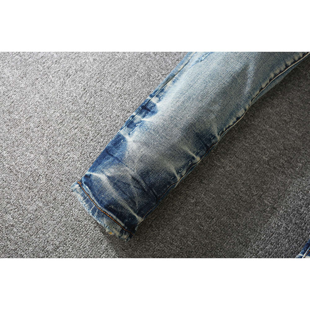 Skinny Blue Water Amiirii Hole Purple Elastic Jeans Old Mens Cow Washing Patch Fashion Slim Jean Legged 2024 Demin E1OD