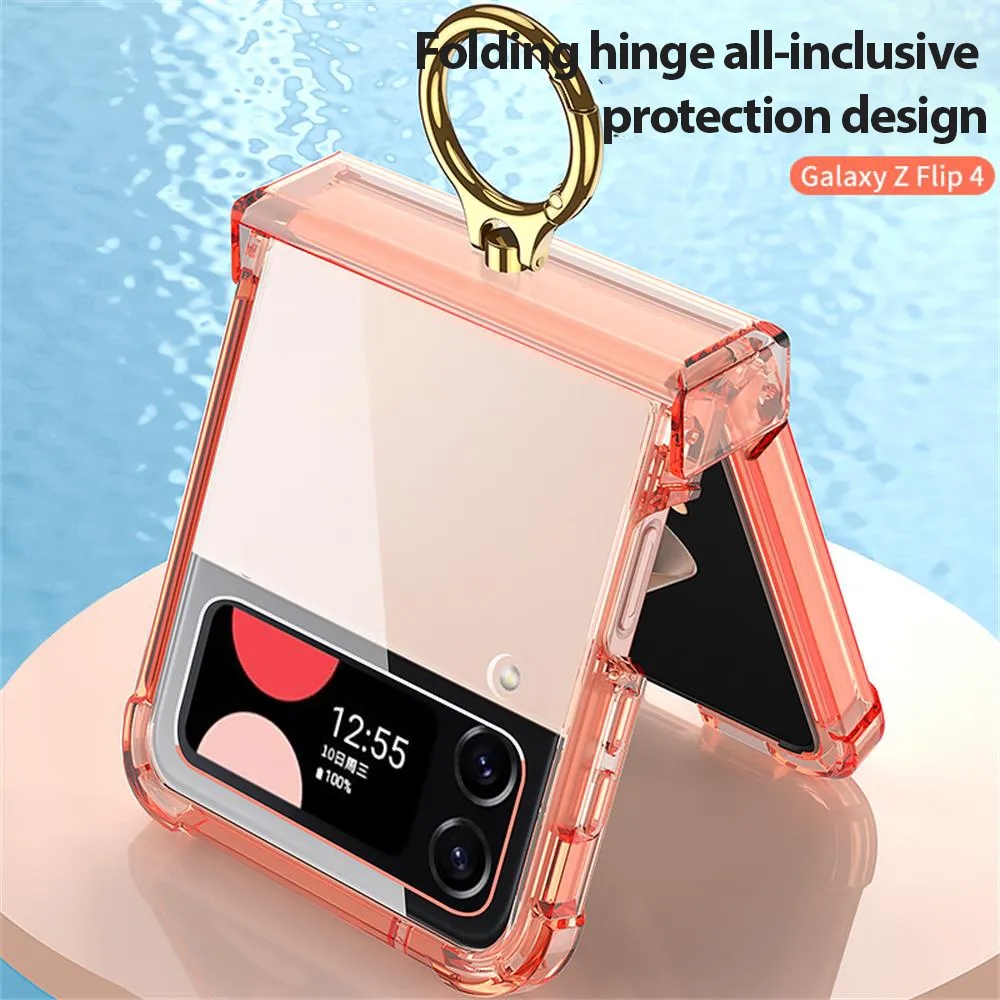 Samsung Galaxy Z Flip 3 4 5 Flip4 Flip5 Case Transparente Porta anello trasparente Condonfera pieghevole a quattro angoli Copertina in silicone a prova di shock angolare