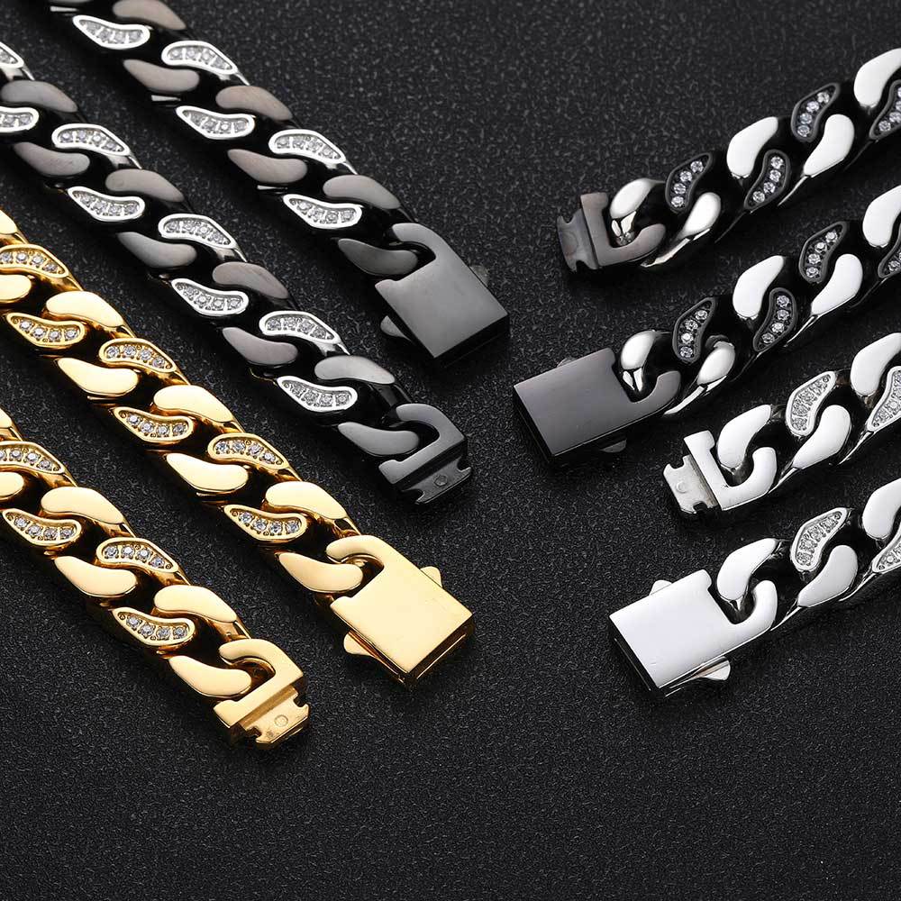 12mm Rvs Cubaanse Link Chain Gladde Ketting 18K Real Vergulde Volledige Zirkoon Sieraden Accessoires Voor mannen