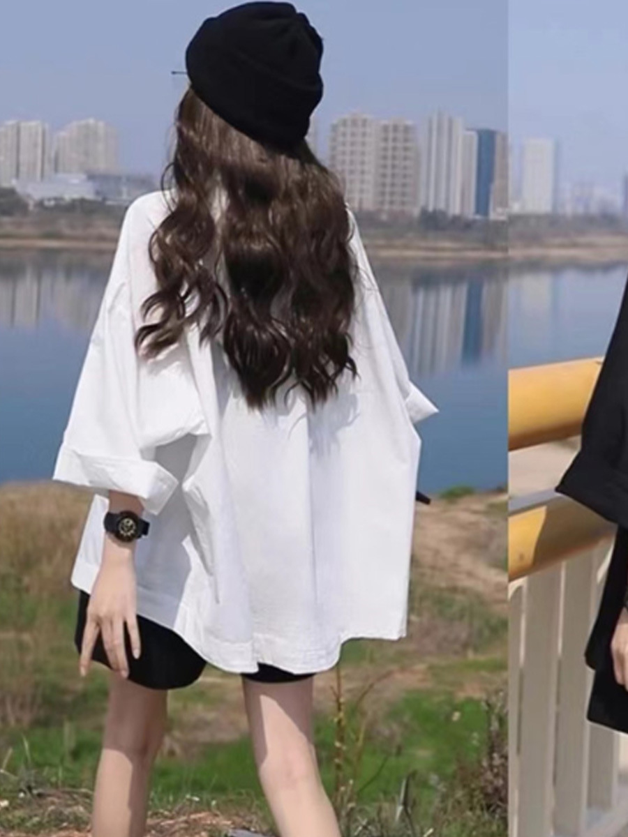 2023 Erken Sonbahar Kore tarzı geniş kenarlı kollar gündelik yakasız gömlek tembel stil siyah ve beyaz tüm eşleşen renk on üç li