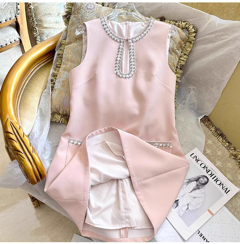 2023 Summer Pink Solid Color Dress Sleeveless Round Neck RhinestoneKnee-Length Casual Dresses S3S01M209