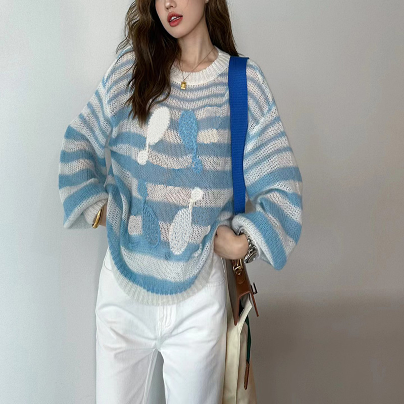 Spring autumn womens sweater designer sweater womens hollow stripe blue Loose knitted sweaters high-quality fashion versatile casual women warm sweater