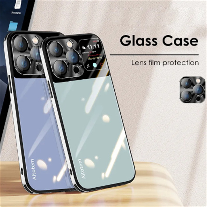 Custodia telefono in vetro di design di lusso iPhone 14 12 11 13 Pro Max 14Pro 13Pro Protezione pellicola lenti in metallo TPU Cover posteriore in vetro con cornice morbida