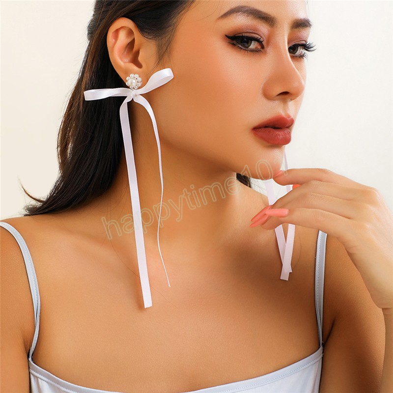 Korean Fashion Elegant Long Ribbon Bow Pendant Drop Earrings for Women Sweet Imitation Pearl Bowknot Ear Wed Accessories