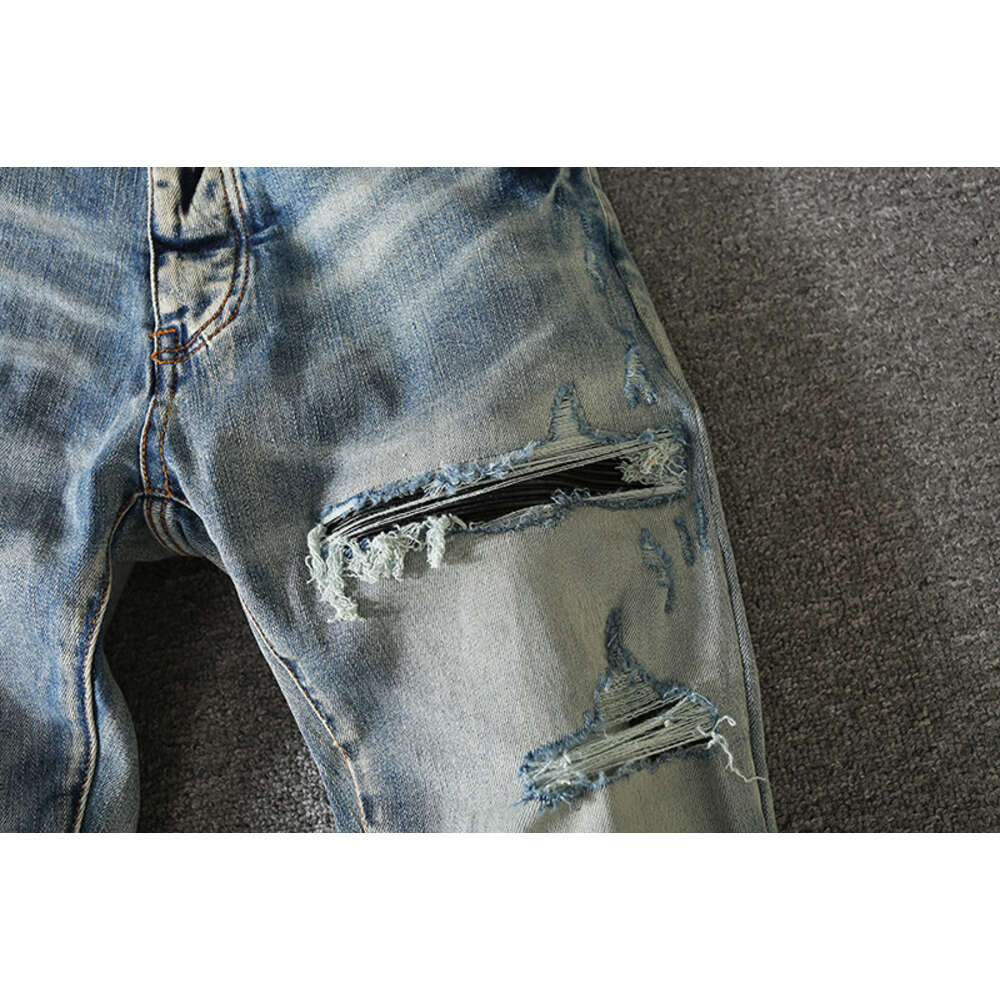 Dünne blaues Wasser Amiirii Loch Purpur elastische Jeans alte Herren Kuh Washt Patch Mode Slim Jean Bein 2024 Demin i8fl