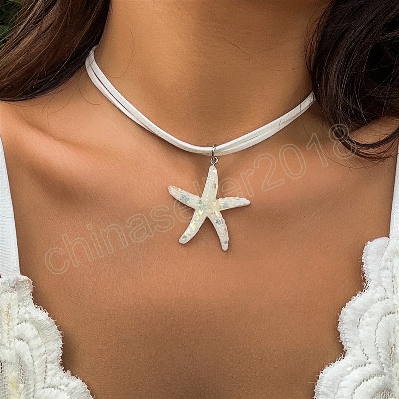 Boho Multilayer White Rope Chain With Large Starfish Star Pendant Necklace For Women Summer Choker Y2K smycken Tillbehör