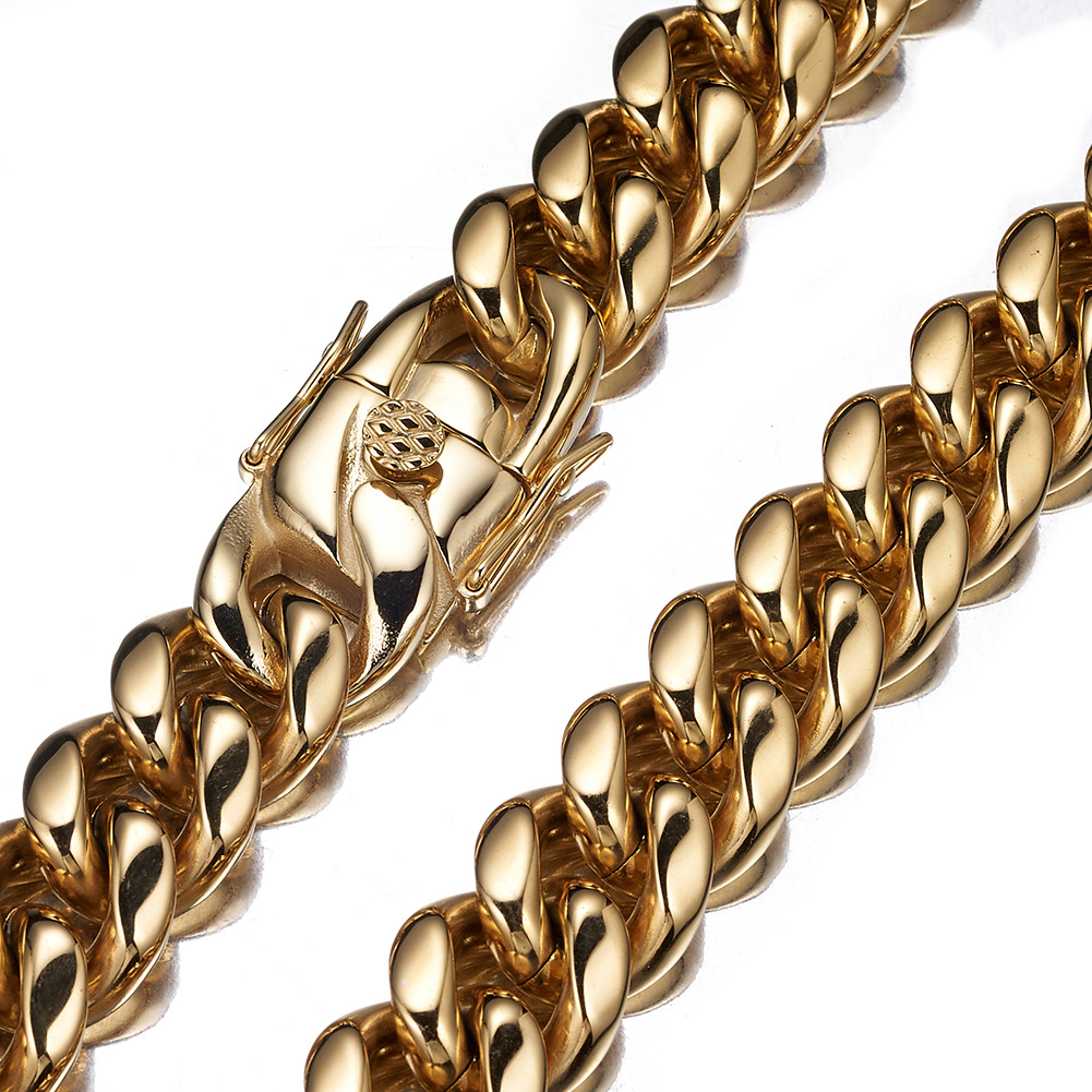 6-22mm Hip Hop Stainless Steel Miami Cuban Link Chain Bibcock Clasp Mens Simple 18K Real Gold Plated Jewelry