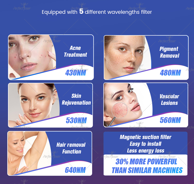 Spa Använd OPT IPL ELIGHT RF LASER MASKINE Hårborttagning Lazer Beauty Equipment Skin Rejuvenation Acne Treatment Device 430nm 480nm 530nm 560Nm 640Nm