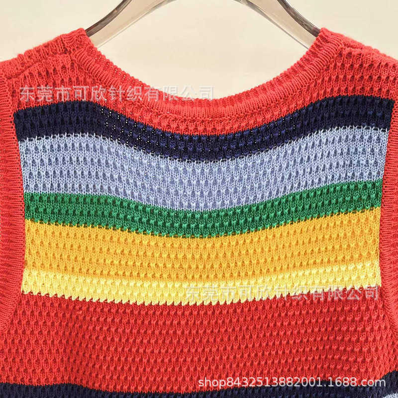 Grundlegende Freizeitkleider Designer Wind gestrickte hohle Regenbogenstreifen Rundhalsausschnitt ärmelloses Tanktop-Kleid Stickerei Herbst 2023 BBLG