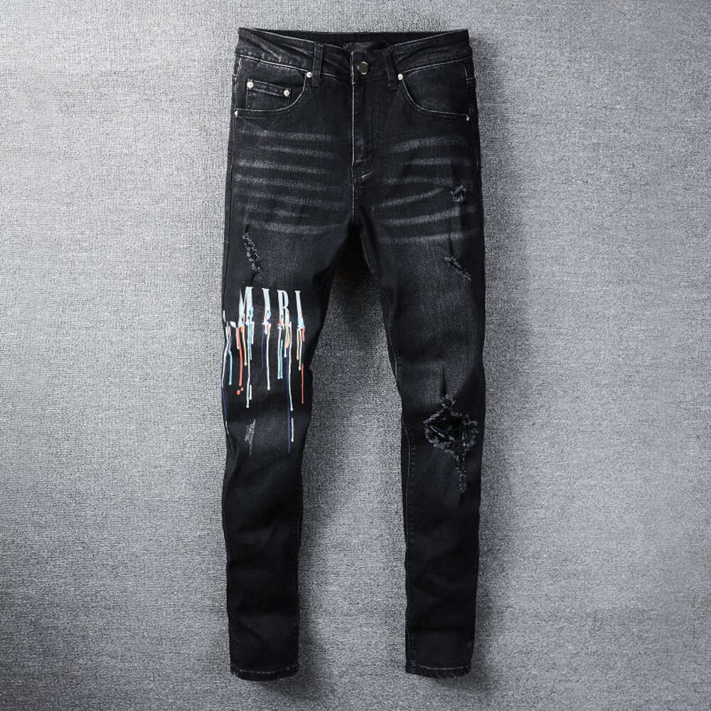 Demin Letters Spray Paint Amiirii Cotton Black Purple Street Jeans Colorful Mens Casual Pants Fashion Youth Jean Tight 2024 WLDG