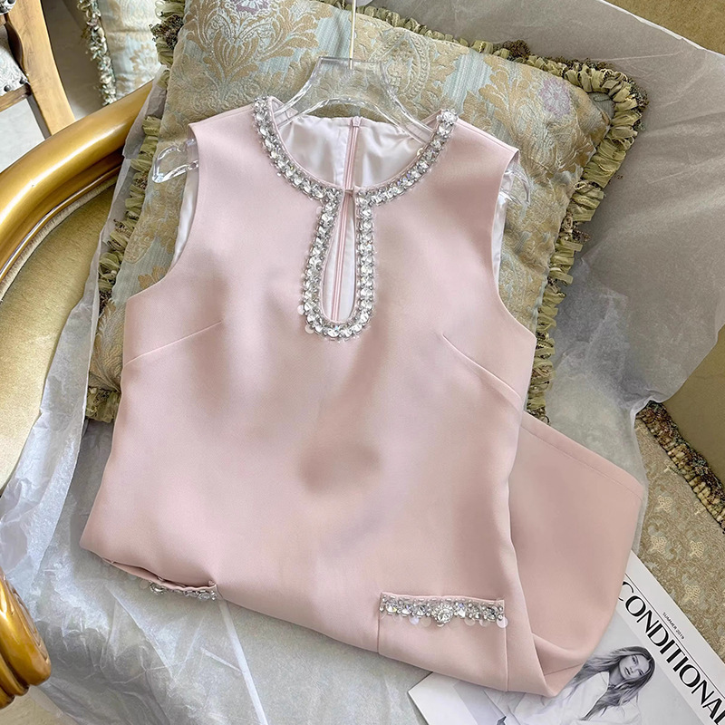 2023 Summer Pink Solid Color Dress Sleeveless Round Neck RhinestoneKnee-Length Casual Dresses S3S01M209