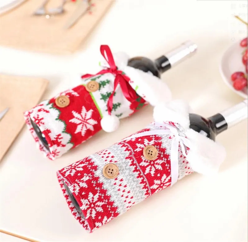 Christmas Wine Cover With Bow Snowflake Knit Bottle Clothes Wine Bottle Cover Xmas Wine Bag Christmas Ornament Decoration