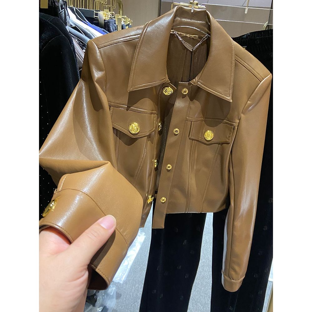 Women's new design turn down collar PU leather single breasted gold buttons patchwork cool jacket coat SMLXL