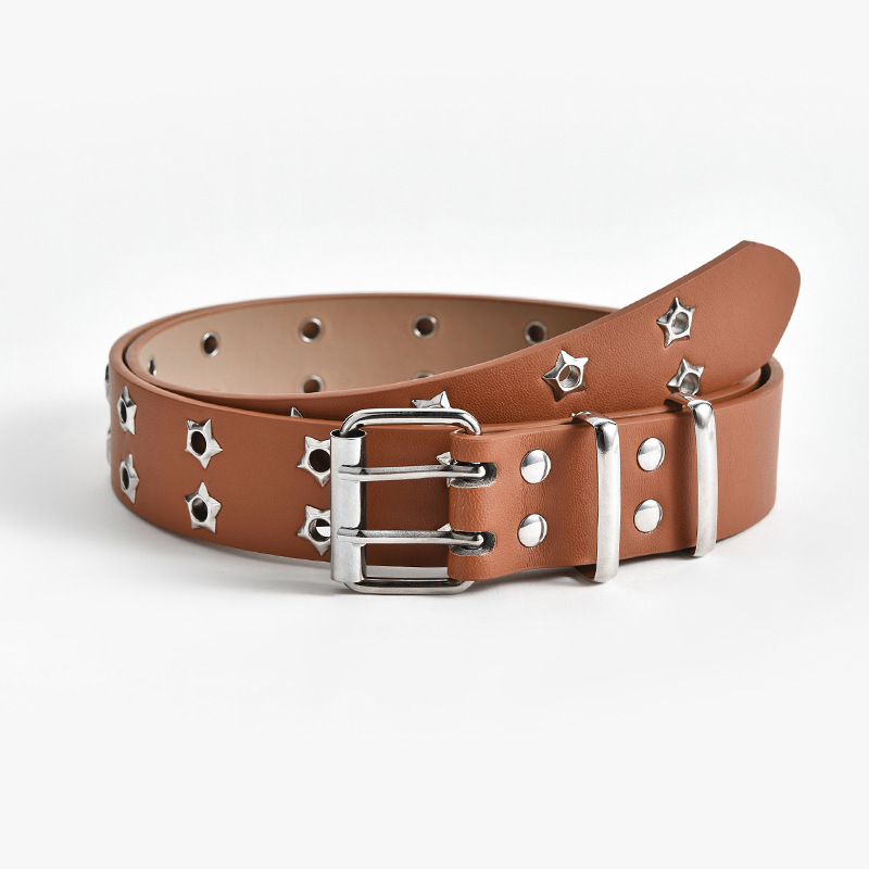 Ceinture en chaîne pour hommes et femmes, style Punk, réglable, étoile creuse, boucle à Double boutonnage, boucle en métal, ceinture en cuir pour Jeans