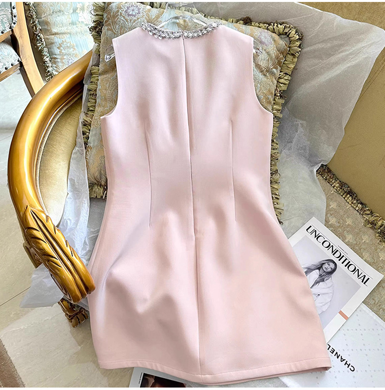 2023 Summer Pink Solid Color Dress Sleeveless Round Neck RhinestoneKnee-Length Casual Dresses S3S01M209