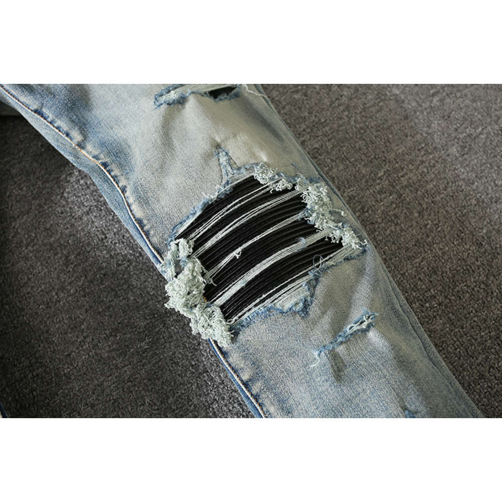 Wasser Amiirii Purple Jeans Herren waschen Mode Jean 2024 Demin Old Blue Cow Hole Patch Dünne schlanke elastische Beinbein THWQ