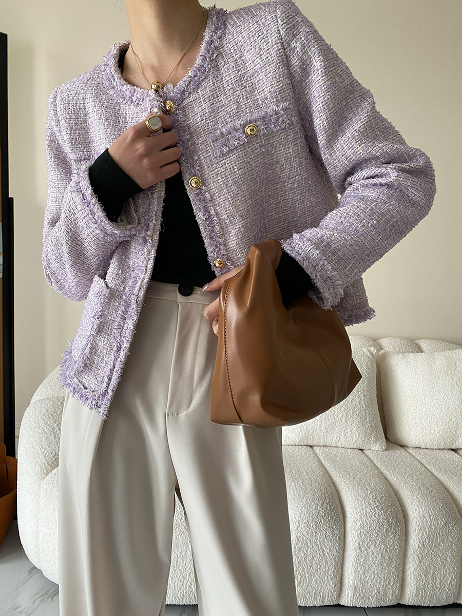 Sinan Limited Cappotto corto in morbida lana intrecciata con patate dolci a bassa saturazione Viola chiaro Nappa con fibbia dorata Stile classico Primavera Sn2852