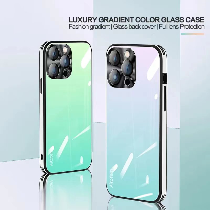 Luxe Gradiëntkleur Glazen Telefoonhoesje Voor Iphone 13 14 12 Pro Max 14Plus Met Lensbescherming TPU Frame glazen Achterkant Voor Iphone14