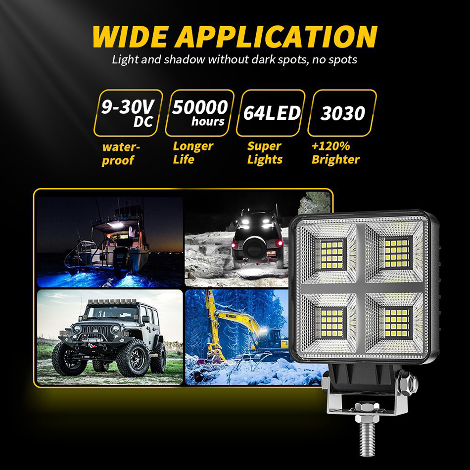 4 inch 64W LED Work Light Bar Worklight 64LED Offroad Spot Beam Fog Working Lights for 4X4 Truck Tractor Boat 4WD SUV ATV 12V 24V