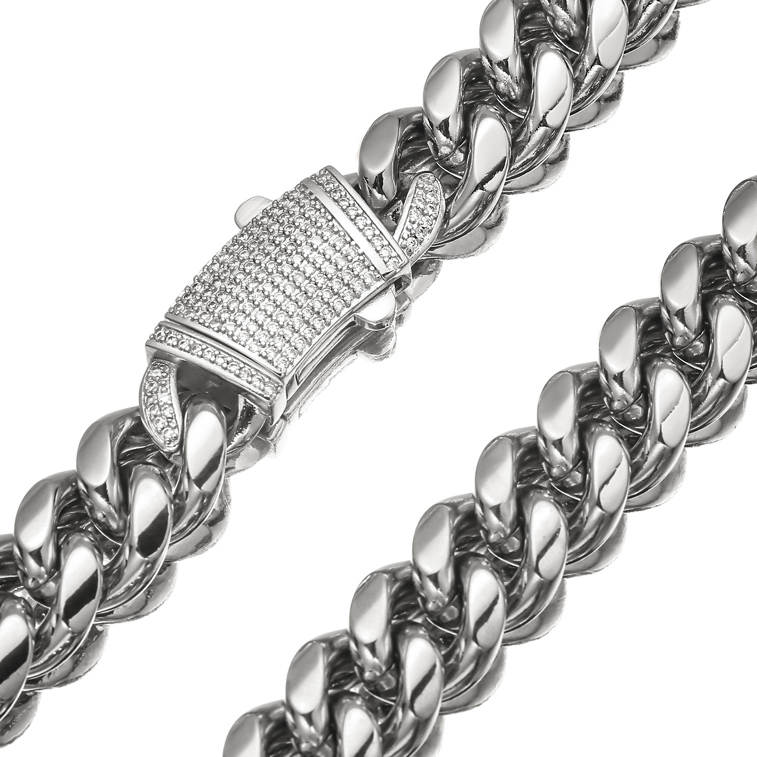 6-14mm Hip Hop Stainless Steel Miami Cuban Link Chain Necklace 18K Real Gold Plated Full Zircon Jewelry
