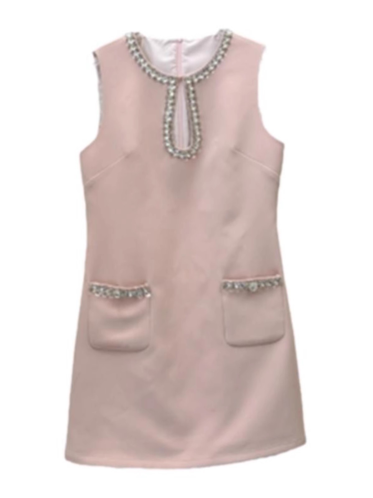 2023 Summer Pink Solid Color Dress Sleeveless Round Neck RhinestoneKnee-Length Casual Dresses S3S01M209