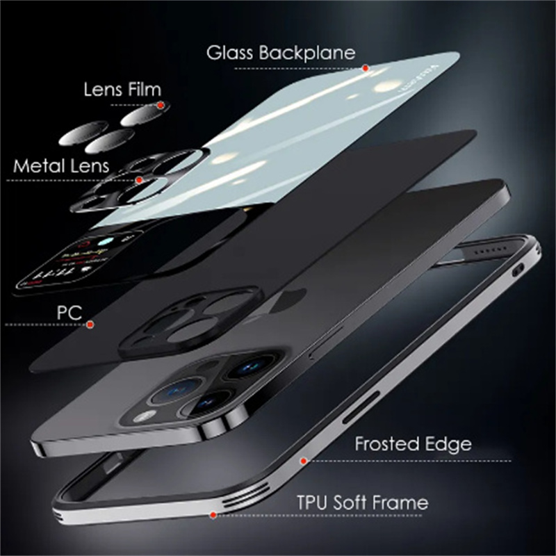 Custodia telefono in vetro di design di lusso iPhone 14 12 11 13 Pro Max 14Pro 13Pro Protezione pellicola lenti in metallo TPU Cover posteriore in vetro con cornice morbida