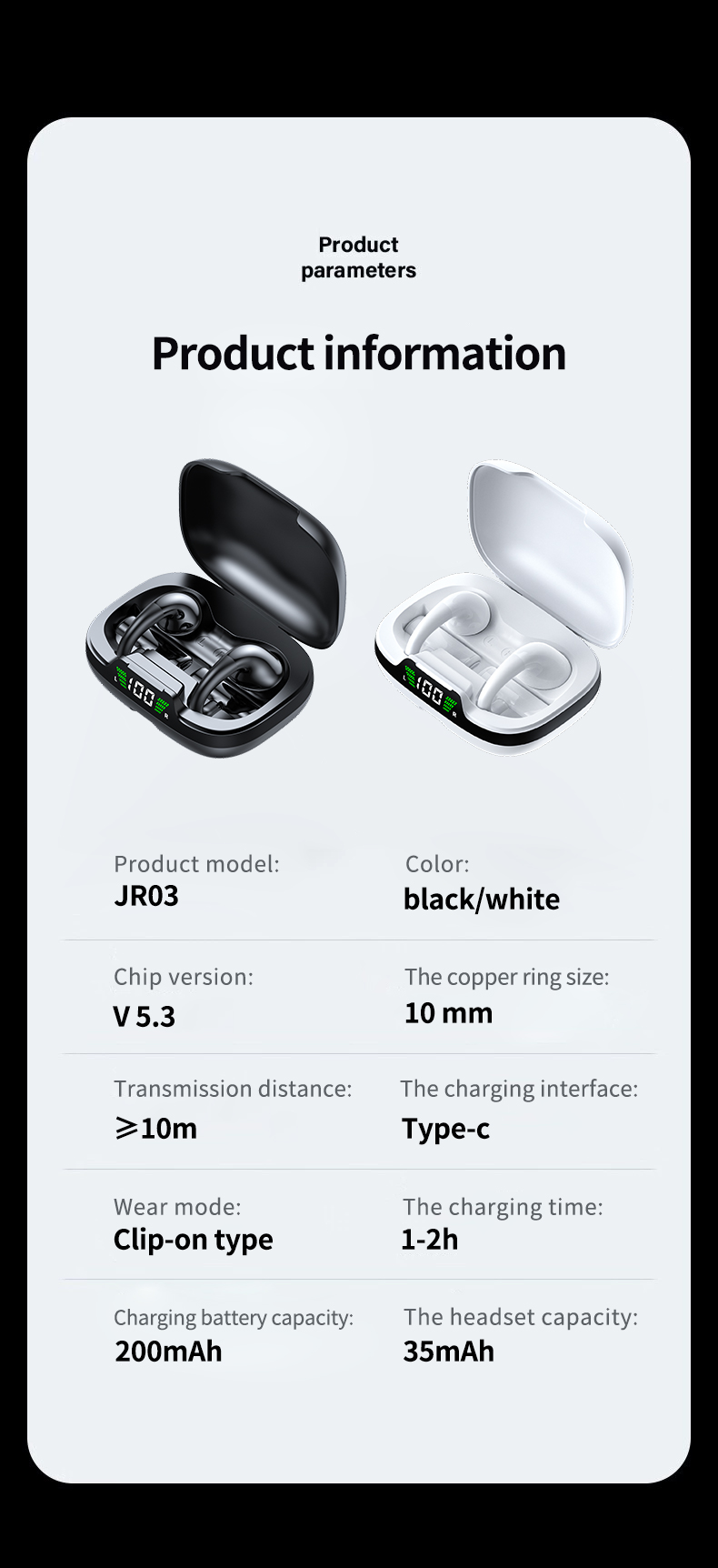 TWS JR03 True Wireless Earphones Clip på hörlurar Bluetooth -headset 9D HIFI Stereo Sound Noise Refering Touch Control Gaming Earbud Earbjudningar