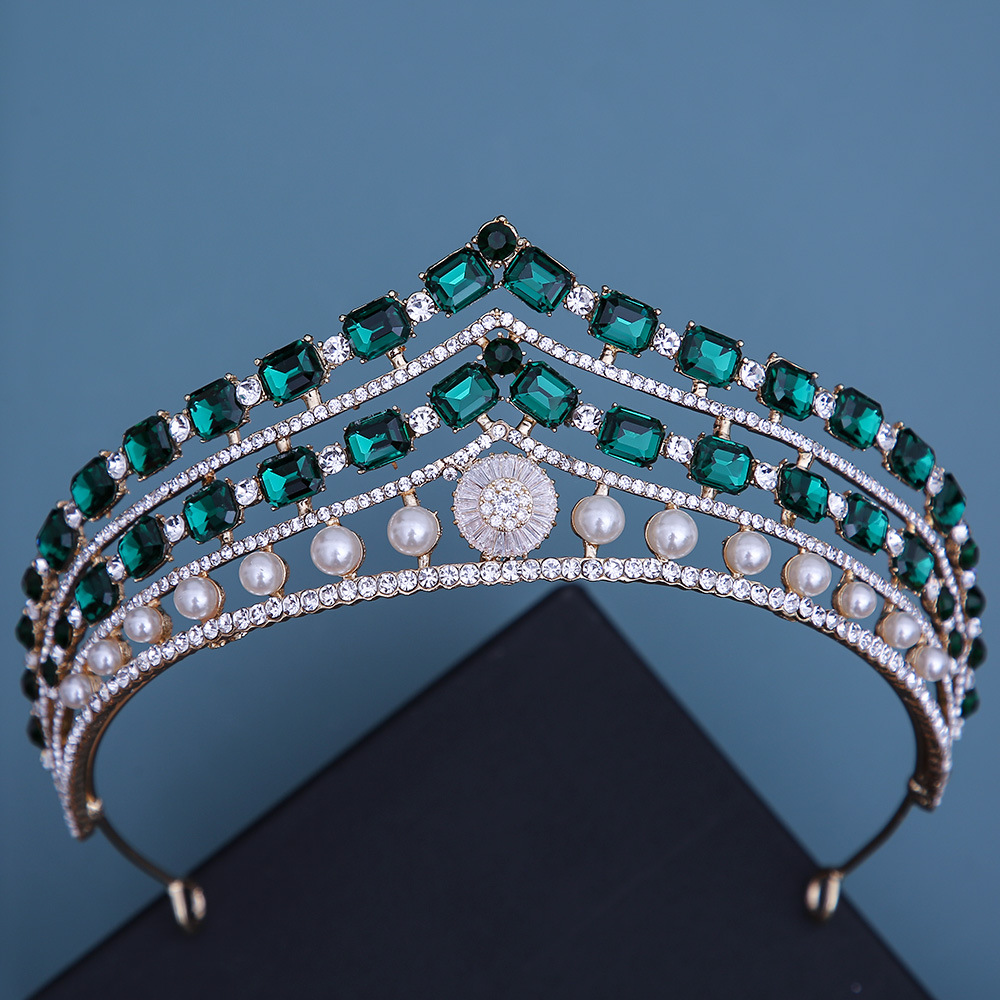 Luxuriöse große Strass-Braut-Tiaras, Hochzeit-Kopfschmuck, Krone, versilbert, grün, rot, blau, klare Kristalle, Abschlussball, Party, Festzug, Kopfschmuck