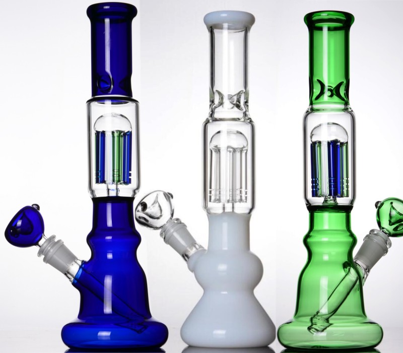 Tres capas de árboles Ocho percs Bongs de agua de vidrio Azul claro Cuello doblado Hookshs para fumar Vaso de vidrio embriagador Bong 12 pulgadas de alto