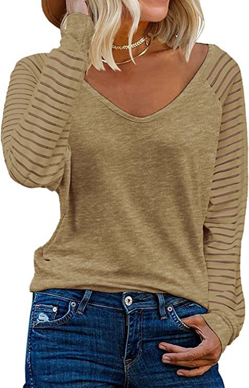 Casual tops met V-hals, shirts met lange mouwen en doorschijnende mesh-patchworkblouses en tops voor dames 2309064