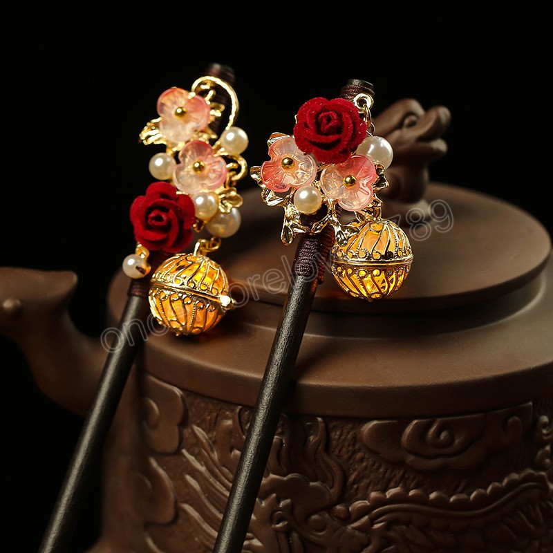 Floral Hairpin Lantern Luminous Chinese Hair Sticks For Hanfu Party Sandalwood Pearl Hair Bun Forks Vintage Hair Clasp Jewelry