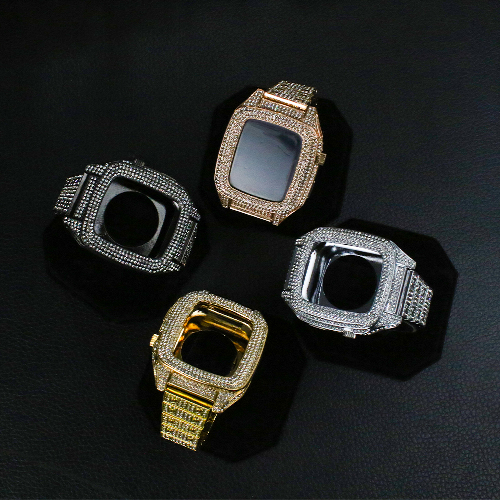 Kit de modification de luxe entièrement en diamant avec étui pour Apple Watch série 8 7 45 mm, bracelet en diamant étincelant, boîtier en acier inoxydable pour iWatch 44 mm, accessoires