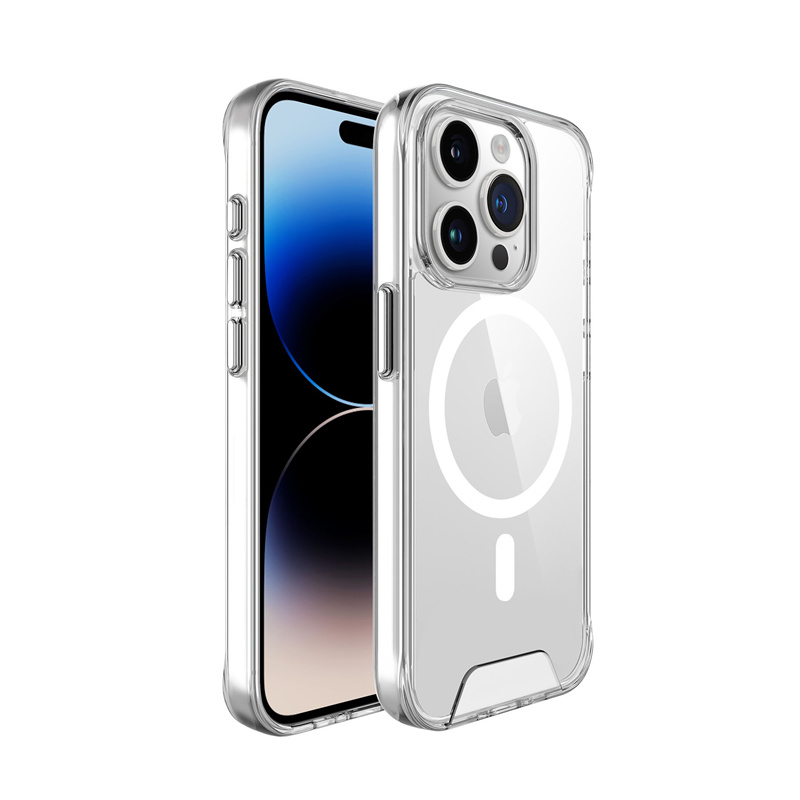 Space Clear Acrylic Phone Cases for iPhone 15 14 13 12 11 Pro Max with Electroplated Silver Button Full Camera Protection Magnetic Wireless Charging Cover