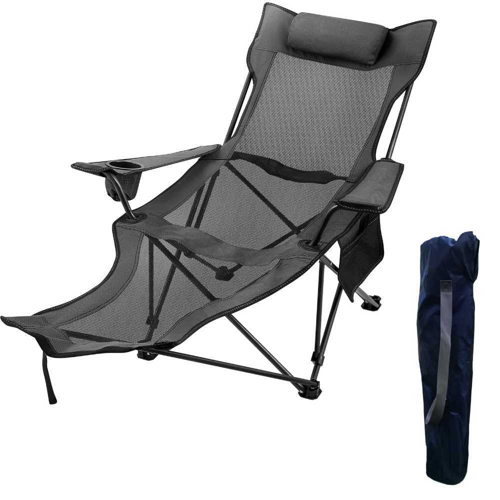Camp Furniture Chaise de camping pliante Capacité de 330 lb avec repose-pieds Chaise longue en maille avec porte-gobelet et sac de rangement Chaise de camping grise HKD230909