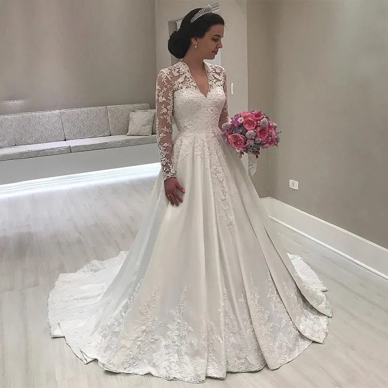 Abito da sposa vintage a maniche lunghe con scollo a V Applicazioni in pizzo Abiti da sposa estivi in raso Giardino primaverile Vestido de Noiva Taglie forti Realizzato su misura