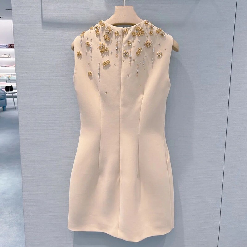 2023 Summer Apricot Solid Color Dress Sleeveless Round Neck Rhinestonekne-Lengen Casual Dresses S3S01M141