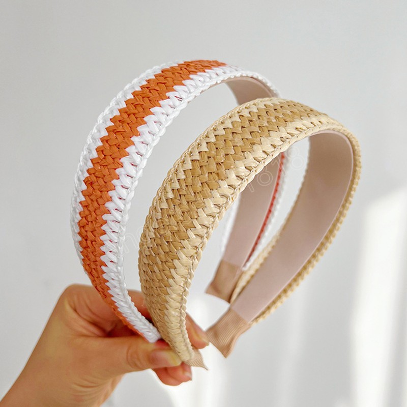 New Cream Colored Women Headband Wide Side Straw Braided Hairband Center Colorimetric Turban Adult Hair Accessories INS