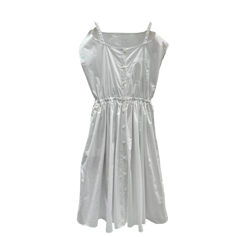 Robe d'été blanche de couleur unie, sans manches, col carré, boutons, longueur aux genoux, robes décontractées, S3S01M101, été 2023