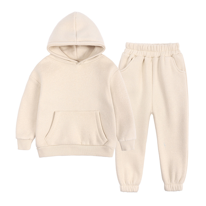 Çocuklar Bebek Peluş Giysileri Yeni Kış Polar Sweater Seti Spor Giyim Boy Kız Kız Hoodies Düz Renk Sıradan Kapüşonlu Sweatshirt Pants 2641