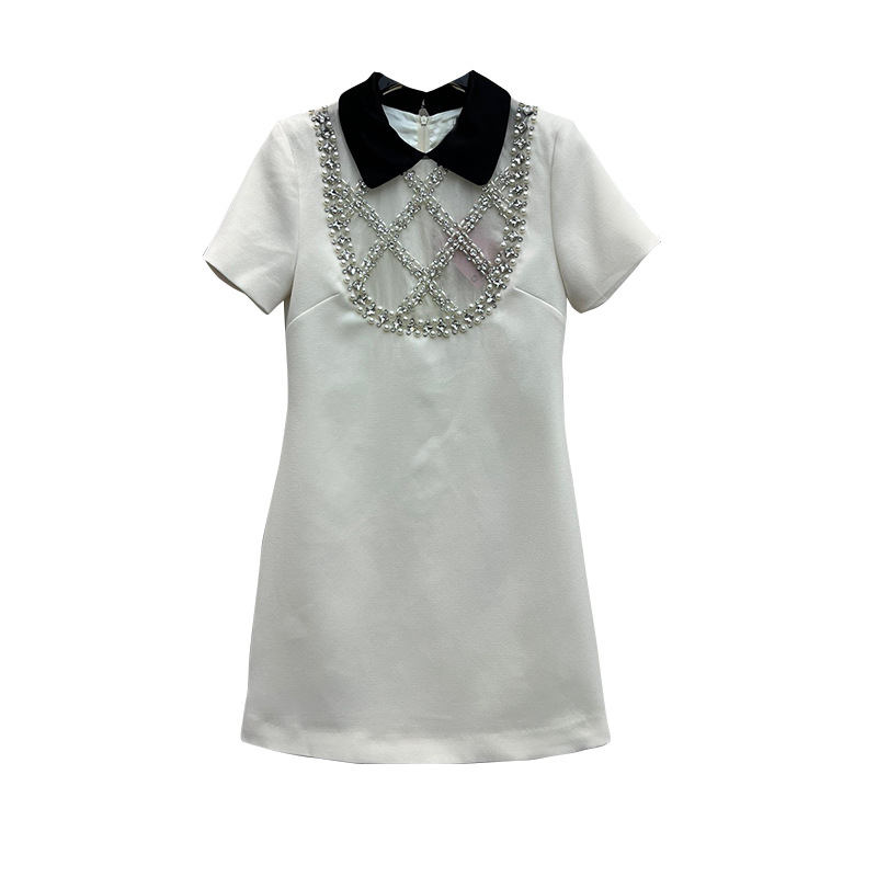 2023 Zomer Witte Contrasterende Kleur Panelenjurk Met Korte Mouwen Revers Hals Tule Strass Knielange Casual Jurken S3S01M032