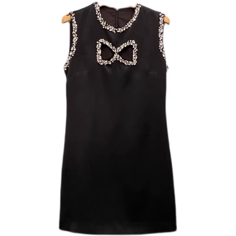 2023 Summer Black Solid Color Dress Sleeveless Round Neck RhinestoneShort Casual Dresses S3S01M160