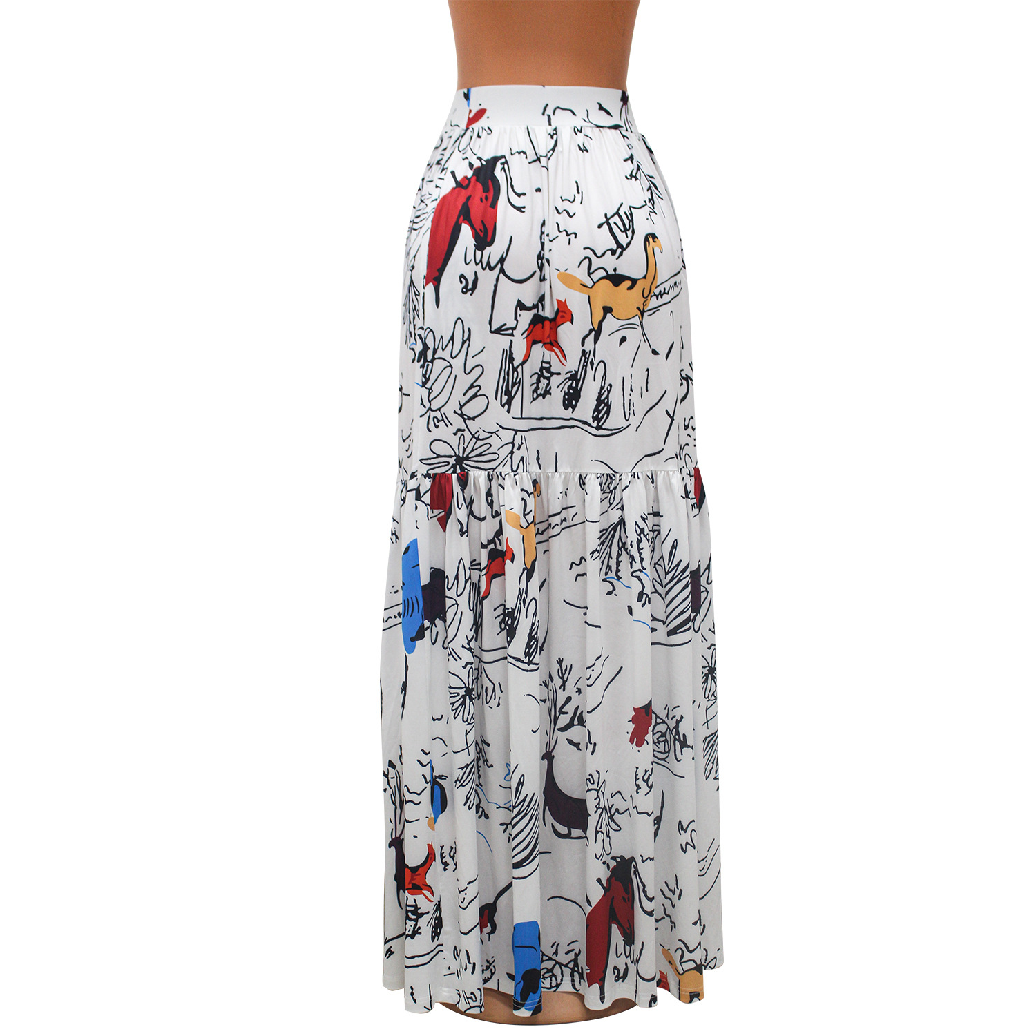 Graffiti Print Ball Gown Skirts Women Casual High Waist Long Maxi Skirt Free Ship